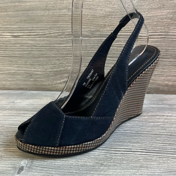 Tommy Hilfiger Vivienne wedge navy suede gingham sling peep toe sandals size 7 - Picture 1 of 14